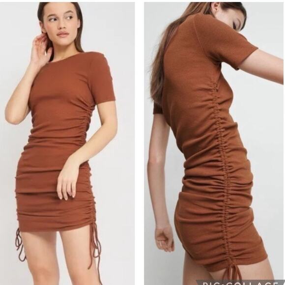 Zara Brown Ribbed Knit Short Sleeve Side Ruched Tie Mini Bodycon Dress Size S - Picture 5 of 12